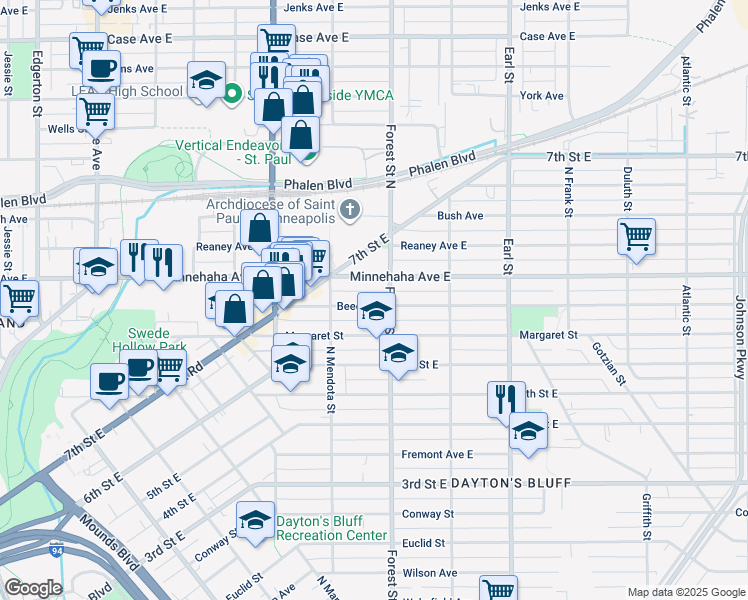 map of restaurants, bars, coffee shops, grocery stores, and more near 923 Beech Street in Saint Paul