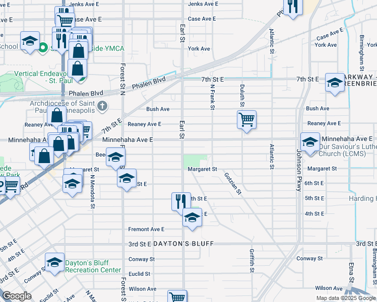 map of restaurants, bars, coffee shops, grocery stores, and more near 1069 Beech Street in Saint Paul