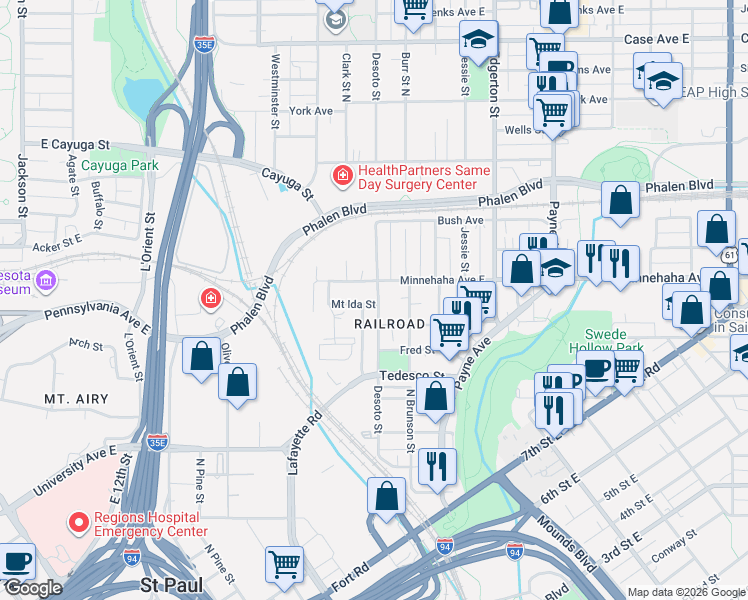 map of restaurants, bars, coffee shops, grocery stores, and more near 704 Desoto Street in Saint Paul
