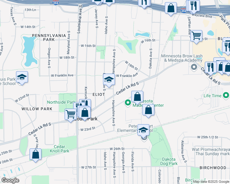map of restaurants, bars, coffee shops, grocery stores, and more near 6720 Cedar Lake Road in St. Louis Park