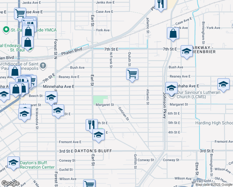 map of restaurants, bars, coffee shops, grocery stores, and more near 1133 Beech Street in Saint Paul