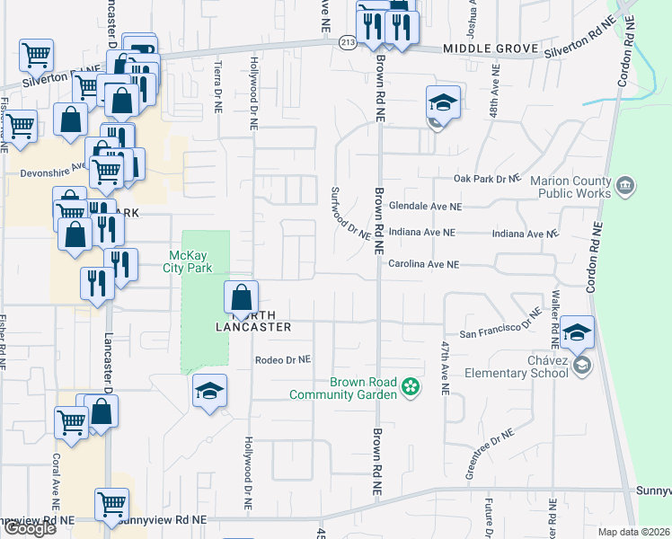 map of restaurants, bars, coffee shops, grocery stores, and more near 4495 Angie Marie Way Northeast in Salem