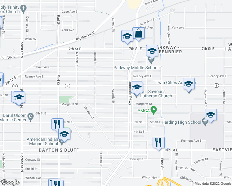 map of restaurants, bars, coffee shops, grocery stores, and more near 1243 Beech Street in Saint Paul
