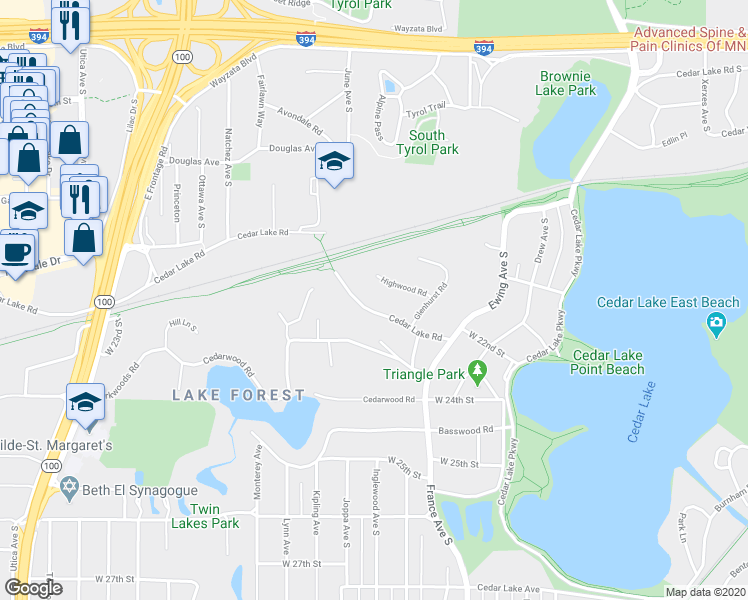 map of restaurants, bars, coffee shops, grocery stores, and more near 4200 Cedar Lake Road in Minneapolis