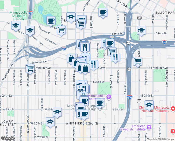 map of restaurants, bars, coffee shops, grocery stores, and more near in Minneapolis