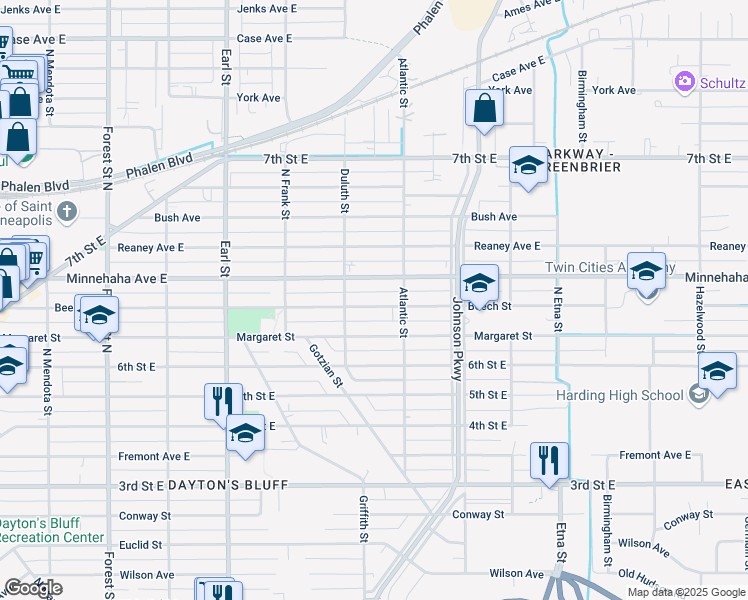 map of restaurants, bars, coffee shops, grocery stores, and more near 1207 Beech Street in Saint Paul