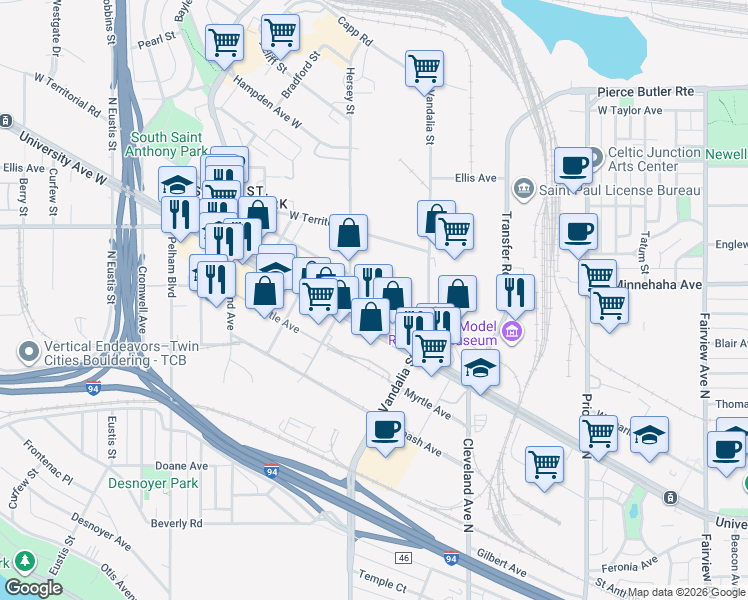 map of restaurants, bars, coffee shops, grocery stores, and more near 2227 University Avenue West in Saint Paul