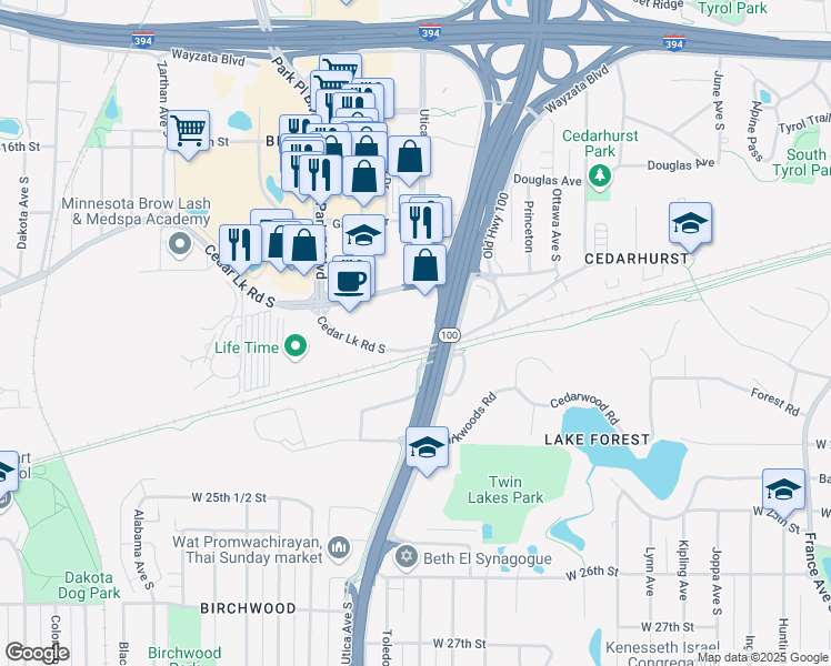 map of restaurants, bars, coffee shops, grocery stores, and more near 1700 State Highway in St. Louis Park