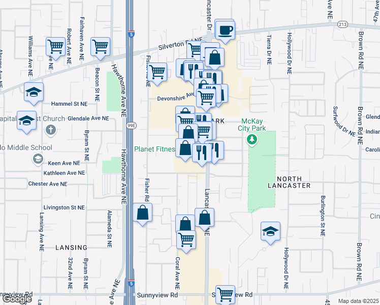 map of restaurants, bars, coffee shops, grocery stores, and more near 2787 Lancaster Drive Northeast in Salem