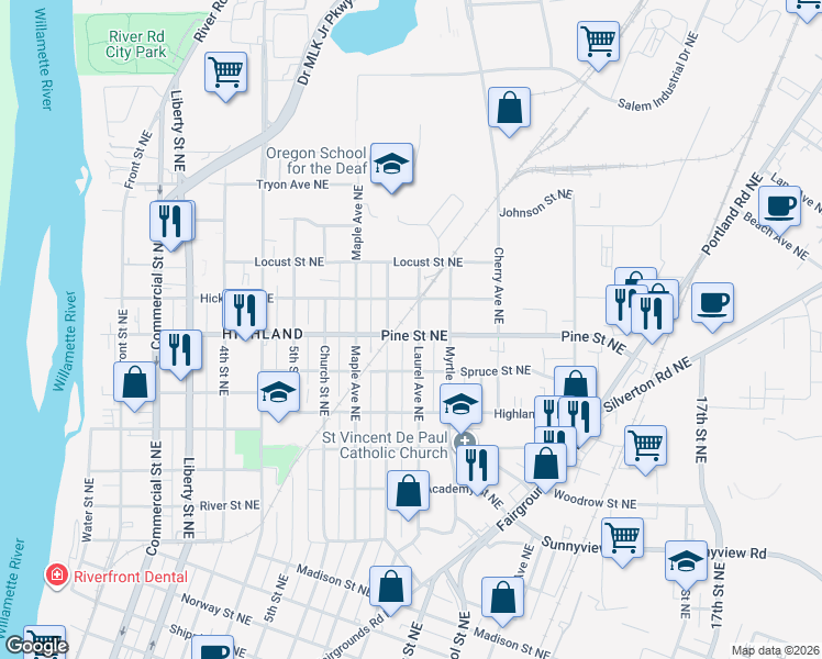 map of restaurants, bars, coffee shops, grocery stores, and more near 2535 Laurel Avenue Northeast in Salem