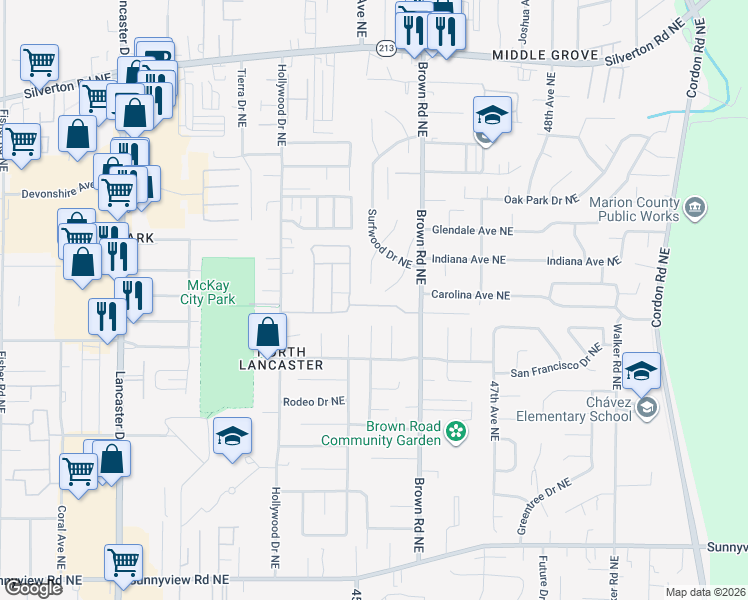 map of restaurants, bars, coffee shops, grocery stores, and more near 4495 Angie Marie Way Northeast in Salem