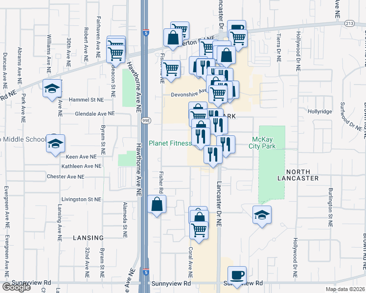 map of restaurants, bars, coffee shops, grocery stores, and more near 2800 Fisher Road Northeast in Salem