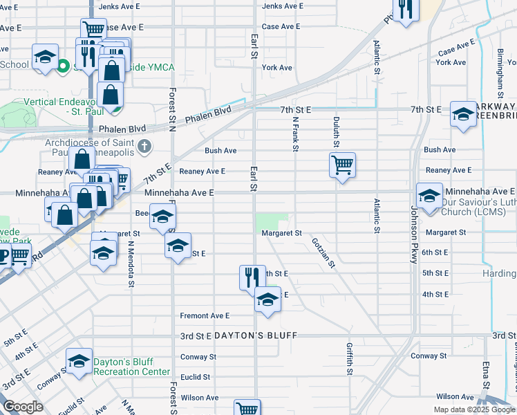 map of restaurants, bars, coffee shops, grocery stores, and more near 1069 Beech Street in Saint Paul