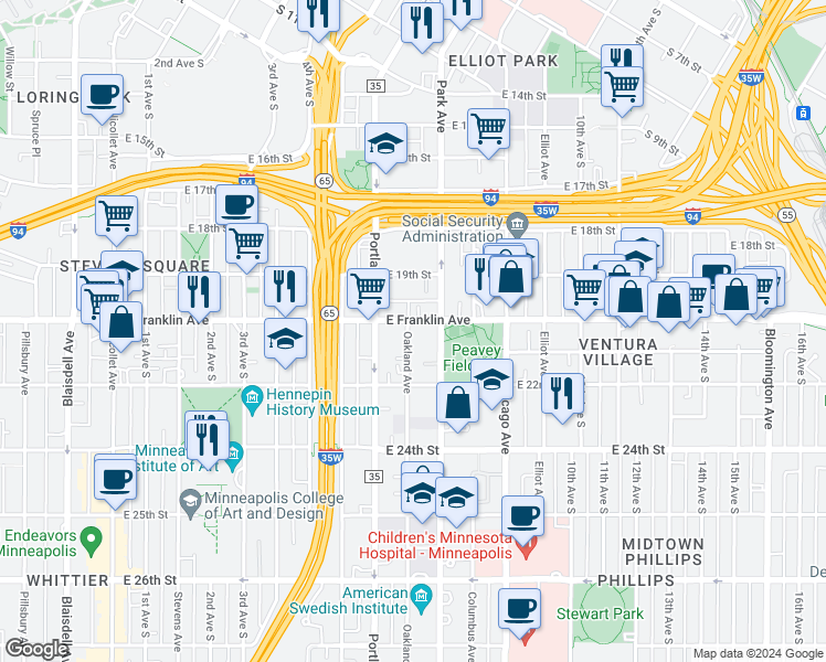 map of restaurants, bars, coffee shops, grocery stores, and more near 2002 Park Avenue in Minneapolis