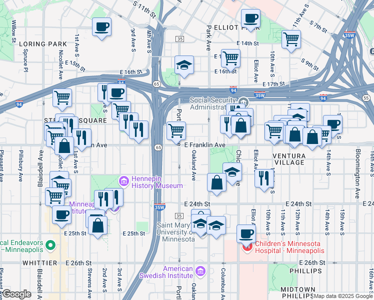 map of restaurants, bars, coffee shops, grocery stores, and more near in Minneapolis