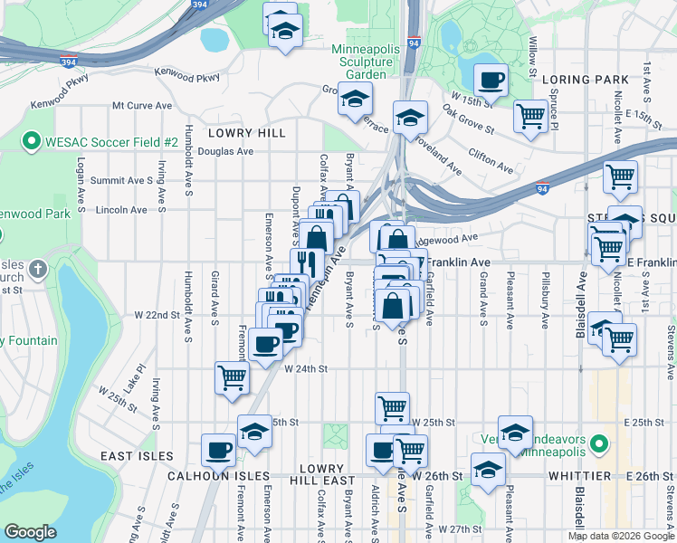 map of restaurants, bars, coffee shops, grocery stores, and more near 909 West Franklin Avenue in Minneapolis
