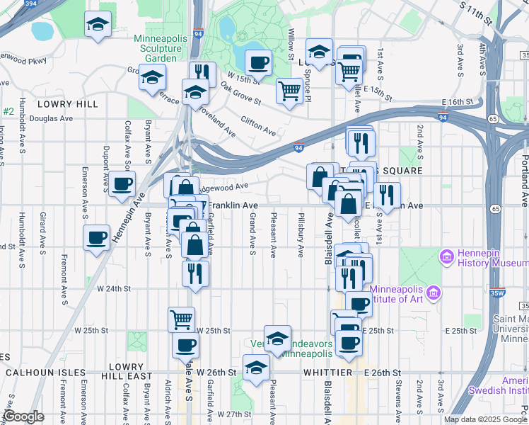 map of restaurants, bars, coffee shops, grocery stores, and more near 305 West Franklin Avenue in Minneapolis