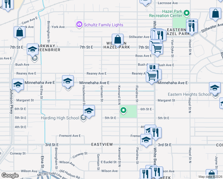 map of restaurants, bars, coffee shops, grocery stores, and more near 1633 Beech Street in Saint Paul