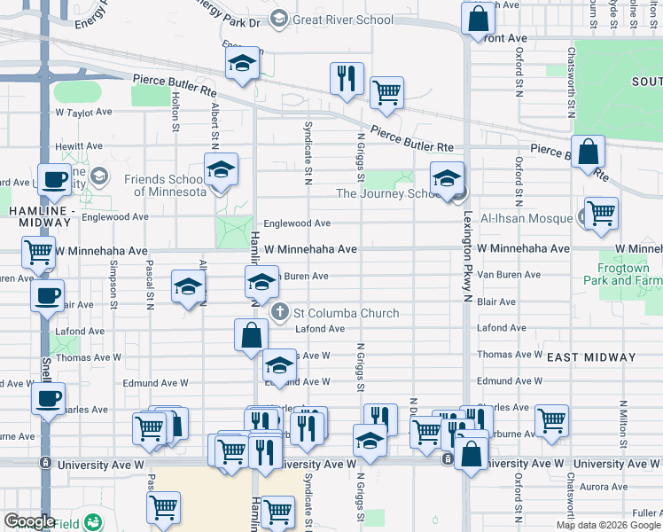 map of restaurants, bars, coffee shops, grocery stores, and more near 1255 Van Buren Avenue in Saint Paul
