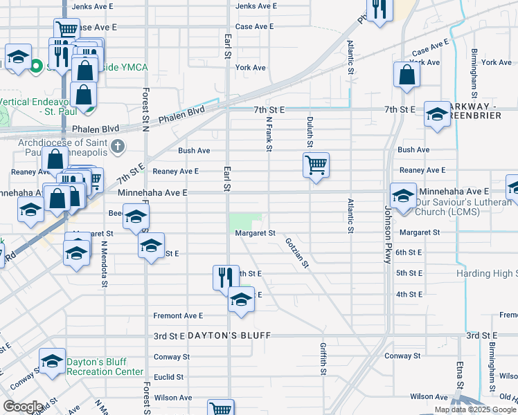 map of restaurants, bars, coffee shops, grocery stores, and more near 1103 Beech Street in Saint Paul