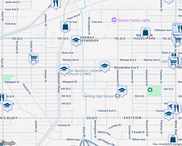 map of restaurants, bars, coffee shops, grocery stores, and more near 1431 Beech Street in Saint Paul