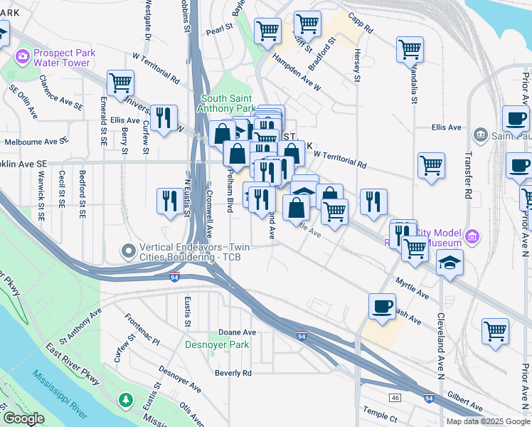 map of restaurants, bars, coffee shops, grocery stores, and more near 709 Raymond Avenue in Saint Paul
