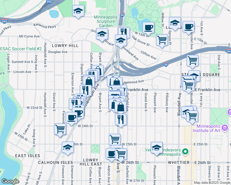 map of restaurants, bars, coffee shops, grocery stores, and more near in Minneapolis