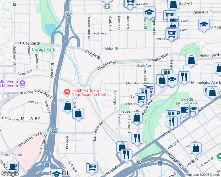 map of restaurants, bars, coffee shops, grocery stores, and more near 429 Mount Ida Street in Saint Paul