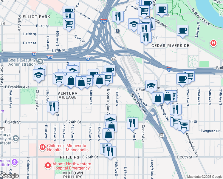 map of restaurants, bars, coffee shops, grocery stores, and more near 1525 East Franklin Avenue in Minneapolis