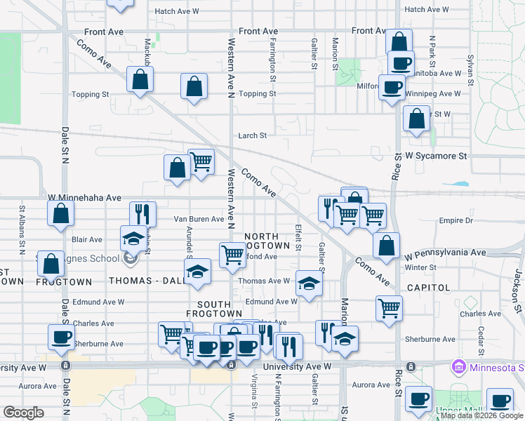map of restaurants, bars, coffee shops, grocery stores, and more near 343 Van Buren Avenue in Saint Paul