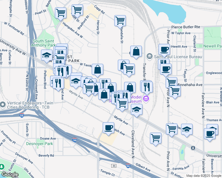 map of restaurants, bars, coffee shops, grocery stores, and more near 2221 Charles Avenue in Saint Paul