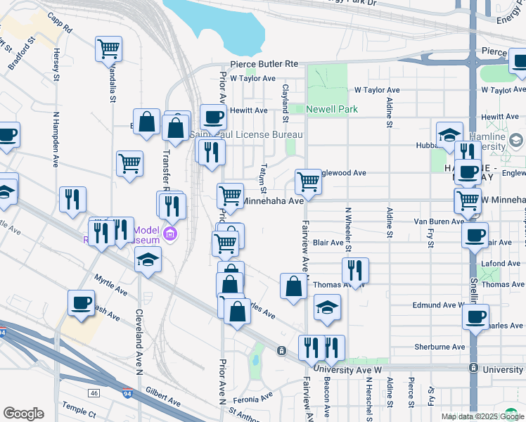 map of restaurants, bars, coffee shops, grocery stores, and more near 1876 West Minnehaha Avenue in Saint Paul