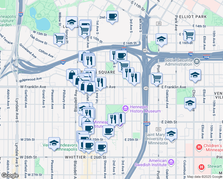 map of restaurants, bars, coffee shops, grocery stores, and more near 137 East Franklin Avenue in Minneapolis
