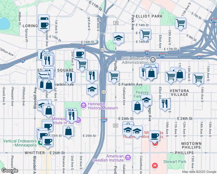 map of restaurants, bars, coffee shops, grocery stores, and more near 2005 South 5th Avenue in Minneapolis