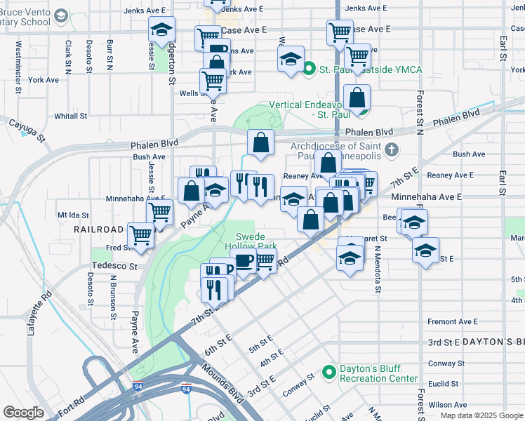 map of restaurants, bars, coffee shops, grocery stores, and more near 704 Minnehaha Avenue East in Saint Paul