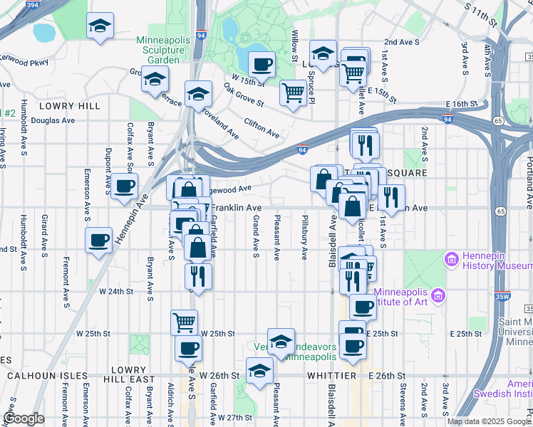 map of restaurants, bars, coffee shops, grocery stores, and more near 305 West Franklin Avenue in Minneapolis