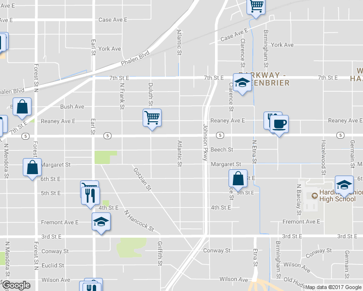 map of restaurants, bars, coffee shops, grocery stores, and more near 1239 Beech Street in Saint Paul
