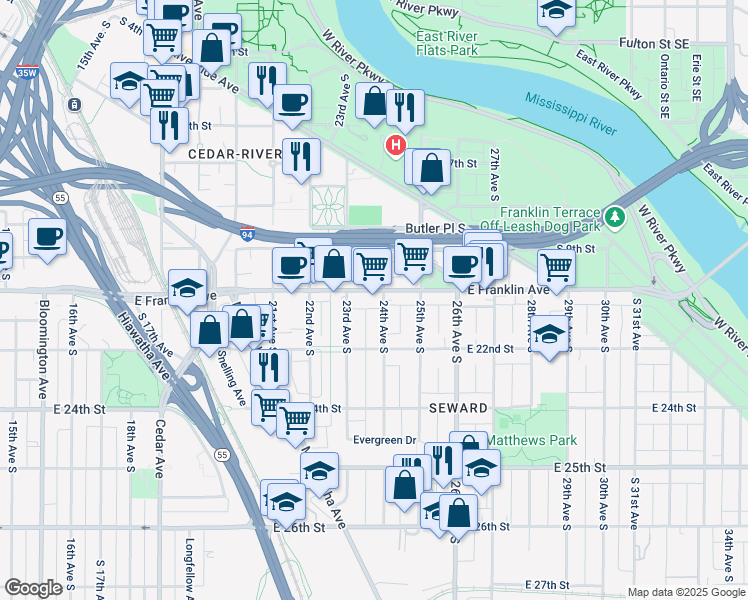 map of restaurants, bars, coffee shops, grocery stores, and more near 2325 East Franklin Avenue in Minneapolis