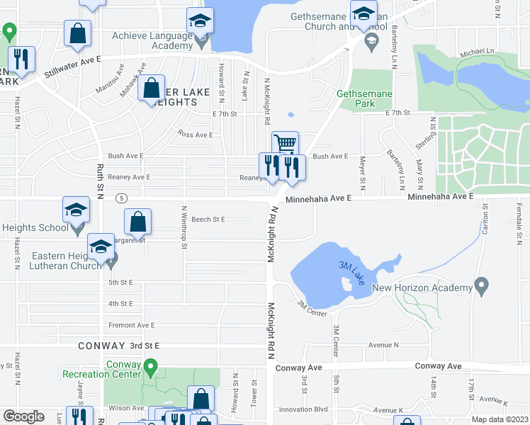 map of restaurants, bars, coffee shops, grocery stores, and more near 699 McKnight Road North in Maplewood