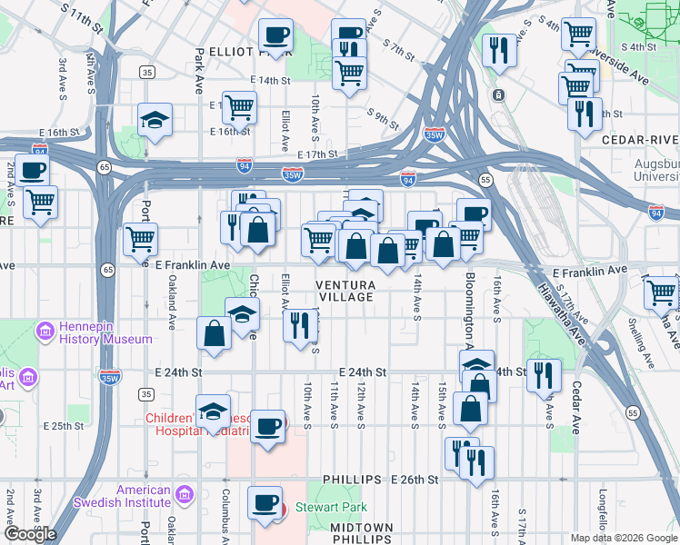map of restaurants, bars, coffee shops, grocery stores, and more near 1035 East Franklin Avenue in Minneapolis