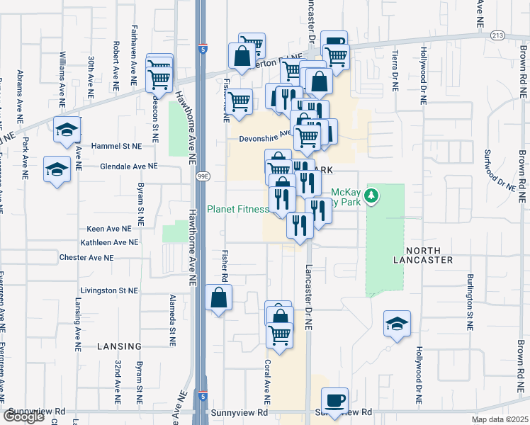 map of restaurants, bars, coffee shops, grocery stores, and more near 2800 Fisher Road Northeast in Salem