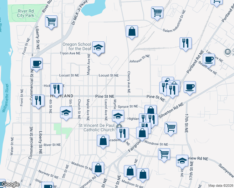 map of restaurants, bars, coffee shops, grocery stores, and more near 1035 Pine Street Northeast in Salem