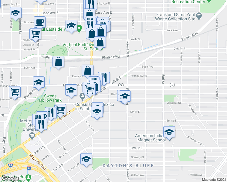 map of restaurants, bars, coffee shops, grocery stores, and more near 881 Beech Street in Saint Paul