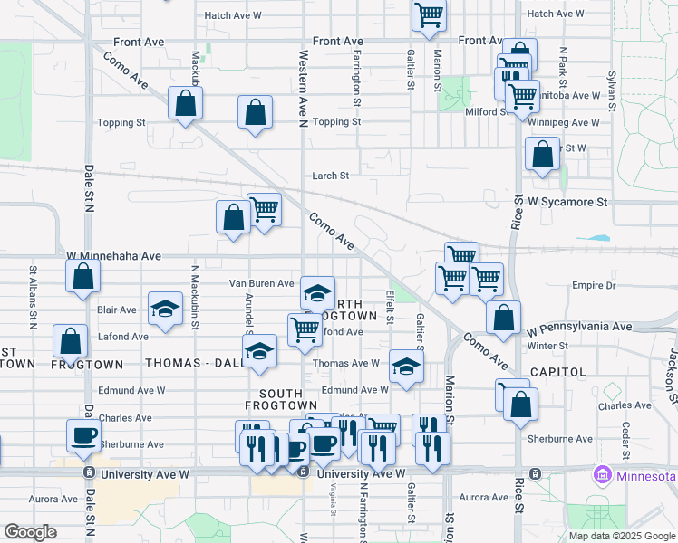 map of restaurants, bars, coffee shops, grocery stores, and more near 343 Van Buren Avenue in Saint Paul