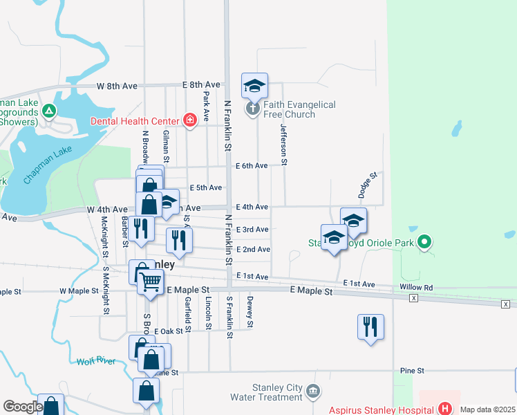 map of restaurants, bars, coffee shops, grocery stores, and more near East 4th Avenue in Stanley