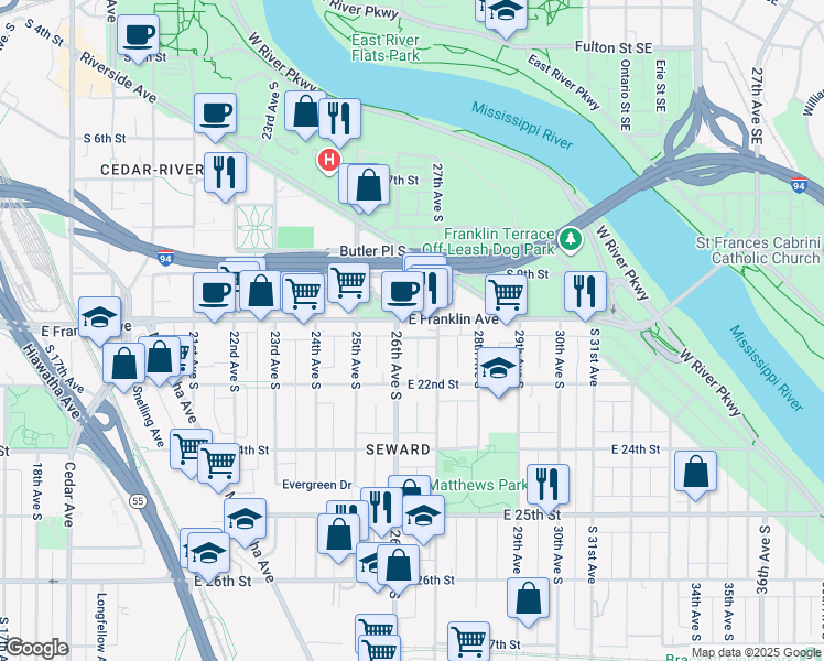 map of restaurants, bars, coffee shops, grocery stores, and more near 2609 E Franklin Ave in Minneapolis