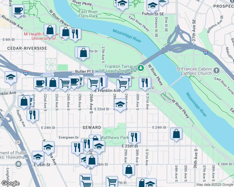 map of restaurants, bars, coffee shops, grocery stores, and more near 2801 East Franklin Avenue in Minneapolis