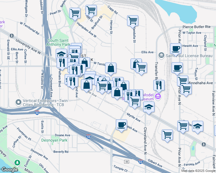 map of restaurants, bars, coffee shops, grocery stores, and more near 765 North Hampden Avenue in Saint Paul