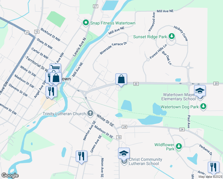 map of restaurants, bars, coffee shops, grocery stores, and more near 213 Newton Avenue Northeast in Watertown