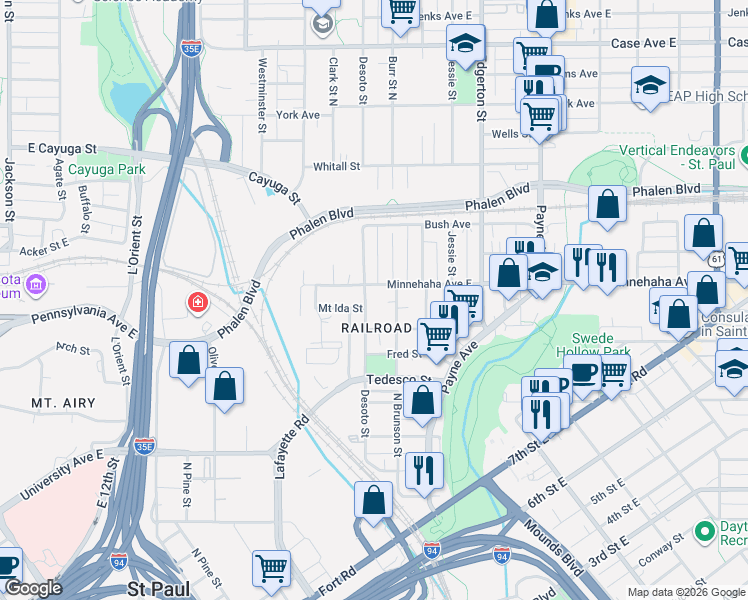 map of restaurants, bars, coffee shops, grocery stores, and more near 704 Desoto Street in Saint Paul